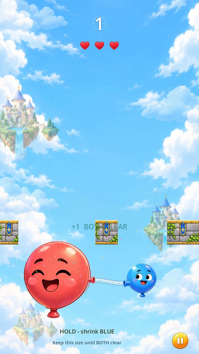 Shared Air development gameplay: linked balloons passing through twin gaps in a sky gate