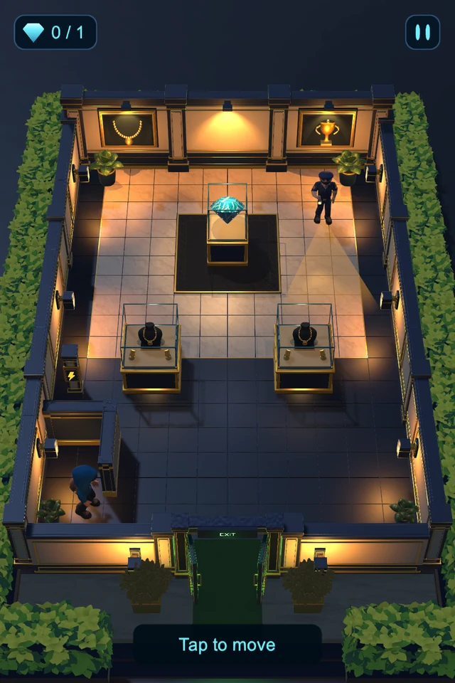 SwitchOut Unity development gameplay: the thief, a patrolling guard, and a diamond inside a gallery
